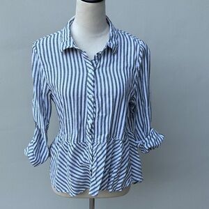 LOVE NOTES Grey and White Striped Button-Down Shirt with Flare Size Large